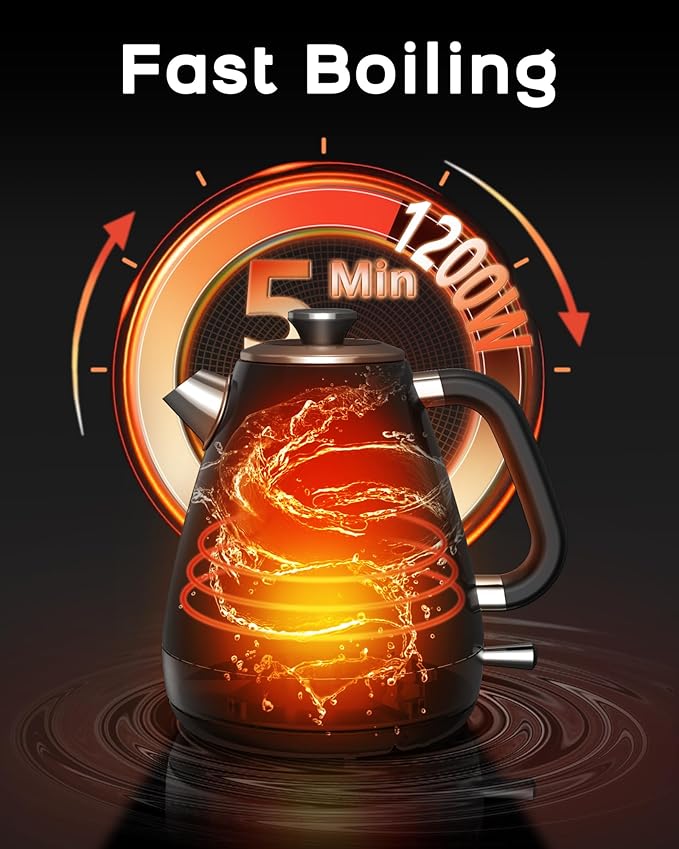 1.7L Retro Electric Kettle, 1200w Fast Boiling, Stainless Steel Hot Water Kettle Electric, Auto Shut-Off, Cordless, Boil-Dry Protection, Black