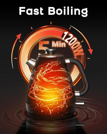 1.7L Retro Electric Kettle, 1200w Fast Boiling, Stainless Steel Hot Water Kettle Electric, Auto Shut-Off, Cordless, Boil-Dry Protection, Black