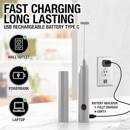 Zulay Froth N Go Milk Frother Rechargeable - 3-in-1 Frother Wand With Case & USB-C Charger - Comes With 3 Whisk Attachments for Latte, Cappuccino, Matcha, Protein Shakes - Silver