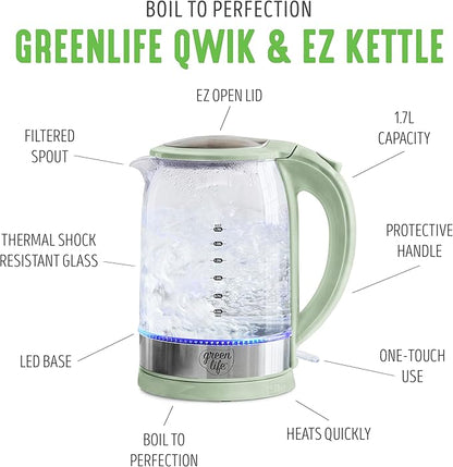 GreenLife 1.7 Liter Glass Electric Kettle, Easy One Touch Use, Quick Heating, Filtered Spout, LED Base, Auto Shut-Off, Cordless Serving, Coffee and Tea, Sage Green