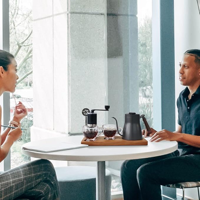 SOTECH Portable Coffee Maker Set Tea Set And Tray; Manual Grinder; Stainless Steel Scoop & 2 Glass Cups and Wooden Tray