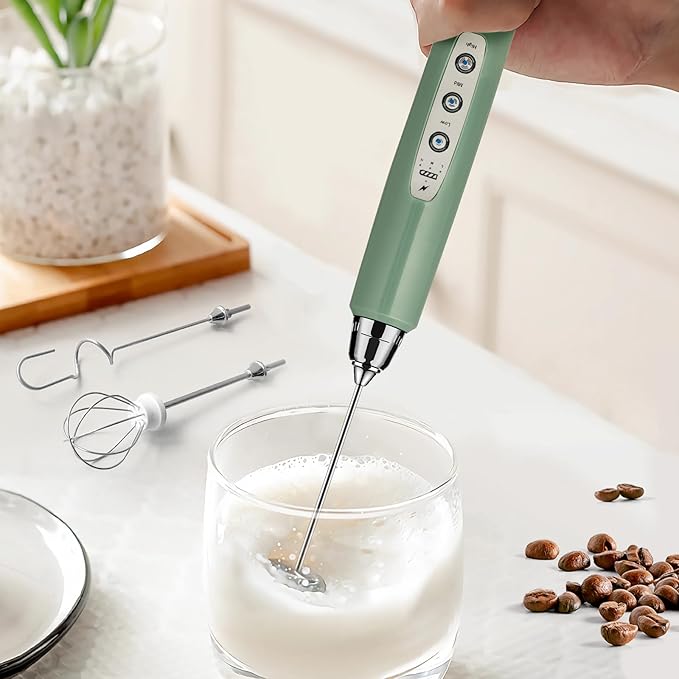 Milk Frother Rechargeable Handheld-Electric Whisk 3 Speed Adjustable, Coffee Frother Wand with 3 Stainless Whisks, Electric Foam Maker, Drink Mixer Blender for Latte Cappuccino Matcha Egg