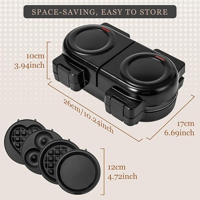 Mini Waffles Maker with 8 Removable Plates, 4 in 1 Double Small Waffle Maker Mini- Waffle, Heart Waffle, Pancake, Donut, 5" Non Stick Waffle Iron for Kid, Use One/Both Sides By the Button On the Back