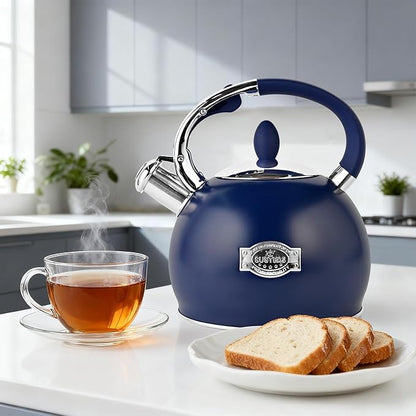 SUSTEAS Stove Top Whistling Tea Kettle - Food Grade Stainless Steel Teakettle Teapot with Cool Touch Ergonomic Handle, With 1 Silicone Pinch Mitt Included, 2.64 Quart,NAVY BLUE