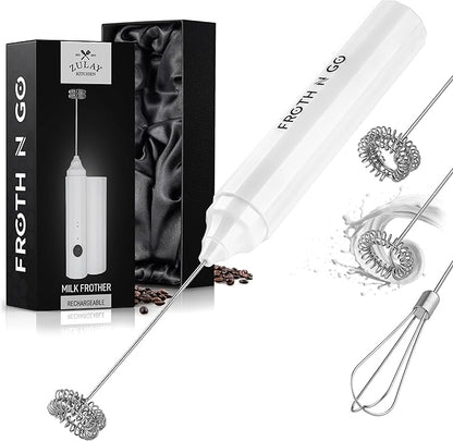 Zulay Kitchen FrothMate Powerful Milk Frother Portable & Compact Handheld Foam Maker Lattes, Cappuccinos (Blizzard White, Froth N Go)