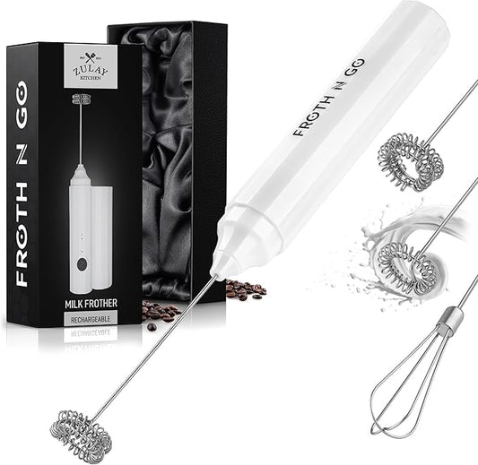 Zulay Kitchen FrothMate Powerful Milk Frother Portable & Compact Handheld Foam Maker Lattes, Cappuccinos (Blizzard White, Froth N Go)