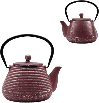 Cast Iron Teapot, 20.3oz Small Pink Pinstripe Pattern, Stainless Steel Infuser for Loose Tea, Enameled Interior, Stovetop Safe