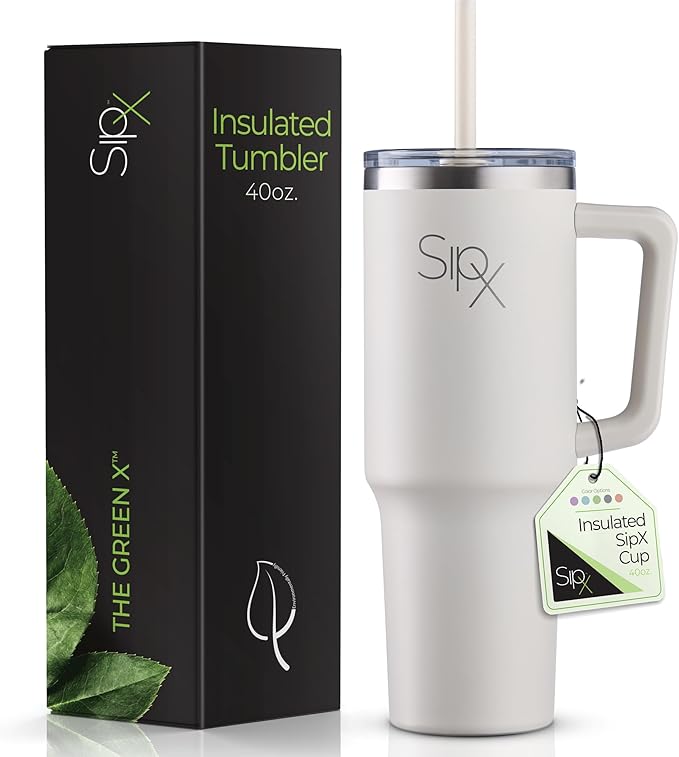 SIPX™ Insulated Tumbler With Lid And Straw, 40oz. Tumbler With Handle Keeps Cold 12 Hours, Water Bottle Thermos With Lid, BPA-Free Reusable Insulated Coffee Tumblers, Travel Mug Great For Beach Party