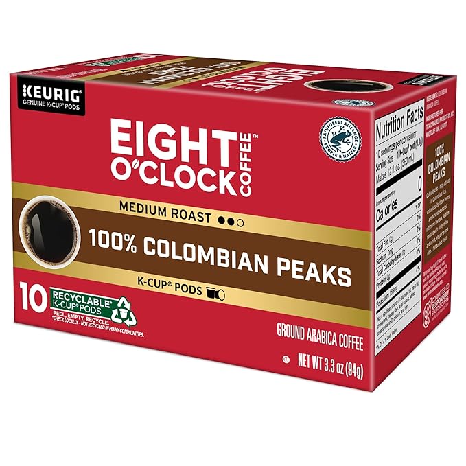 Eight O'Clock Coffee Colombian Peaks, Keurig Single Serve K-Cup Pods, Medium Roast, 60 Count (6 pack of 10)