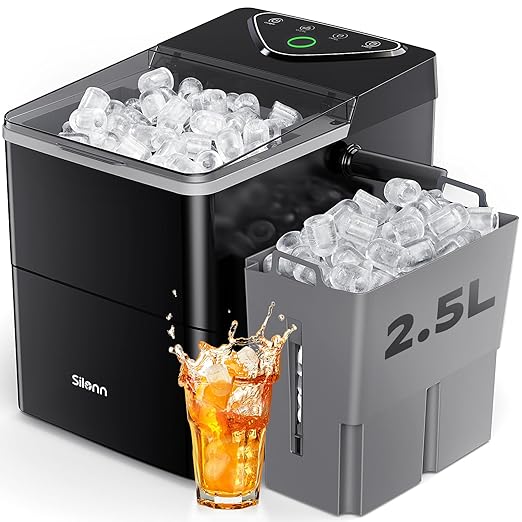 Silonn Countertop Ice Maker with Expanding Ice Basket, 9 Cubes in 6 Mins, 2.5L Ice Basket, Self-Cleaning Ice Maker with LED Touch Control, 2 Bullet Ice Sizes for Home, Kitchen, Office