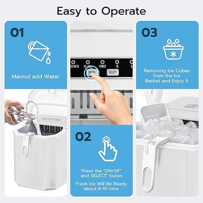 ZAFRO Countertop Ice Maker, 26.5Lbs/24H, 9 Bullet Cubes in 6 Mins, Self-Cleaning Portable Ice Machine with 2 Ice Sizes (S/L), Quiet Compact Design, Double Handles, for Home, Party, RV, Camping, White
