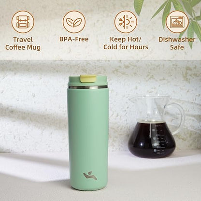 Tumbler with Lid, 16 oz Travel Coffee Mug Double Wall Vacuum Stainless Steel Thermal Metal Cup Insulated Water Bottle,Macaron Green
