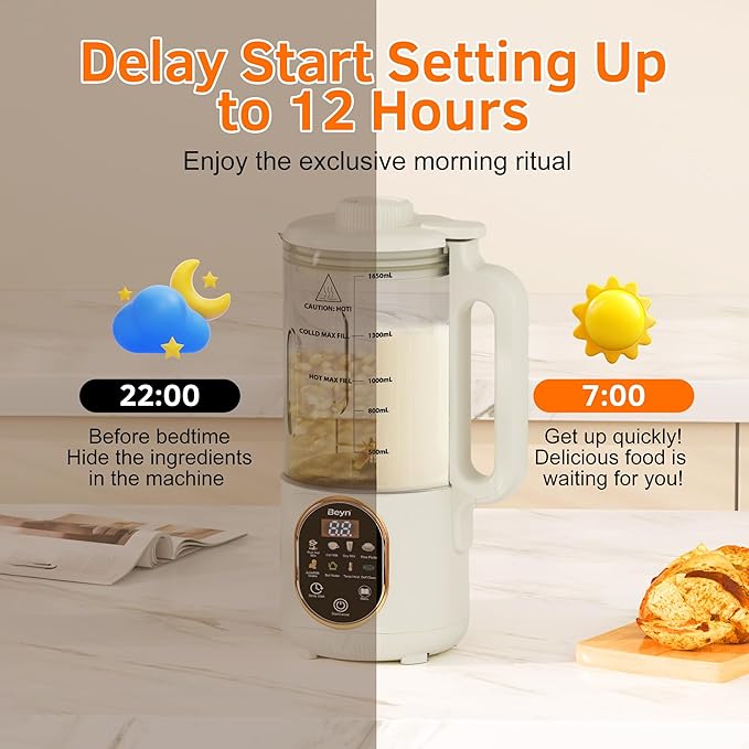 Beyn 60oz Nut Milk Maker Machine with 48-Leaf Titanium Blades，10-in-1 Automatic Plant-Based Milk Maker for Homemade Oat, Soy, Almond, Juice & More，Temp Hold, Delay Start, Boil &Auto Clean