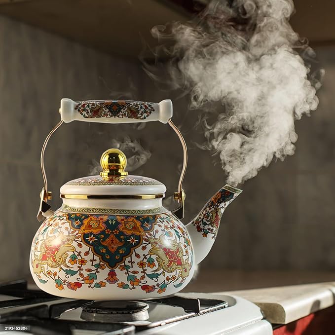 Floral Enamel Tea Kettle Vintage Gold Beige Teapot Colorful Boho Hot Water Coffee Kettle Pot 2.5L Porcelain Tea Pot with Ceramic Handle for Stovetop Hot Water Kitchen Decor