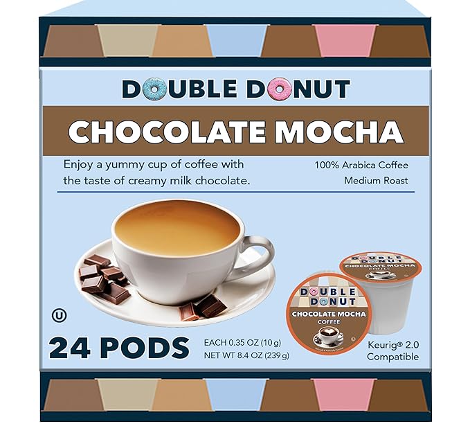 Double Donut Coffee Chocolate Mocha Coffee Pods, Single Serve Mocha for Keurig K Cup Brewers, Rich, Creamy Pods for Chocolate Lovers, 24 Count