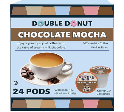Double Donut Coffee Chocolate Mocha Coffee Pods, Single Serve Mocha for Keurig K Cup Brewers, Rich, Creamy Pods for Chocolate Lovers, 24 Count