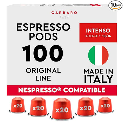 CARRARO 1927 Intenso - 100 Aluminum Coffee Pods Compatible with Nespresso Original line - Intensity 10/14, Dark Roast Coffee Capsules Made in Italy