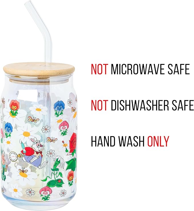Silver Buffalo Disney Alice in Wonderland Featuring Cheshire Cat, White Rabbit, and Mad Hatter in Wild Flowers Glass Jar Tumbler with Bamboo Lid and Glass Straw, 16 Ounces