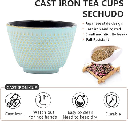 Japanese Cast Iron Tea Cups, Small and Heavy Teacups with no Handles, Japanese Style Cups for Adults, Asian Teacup, Coated with Enameled Interior, 4 Pcs/Box (Lightblue, 2oz/60ml)