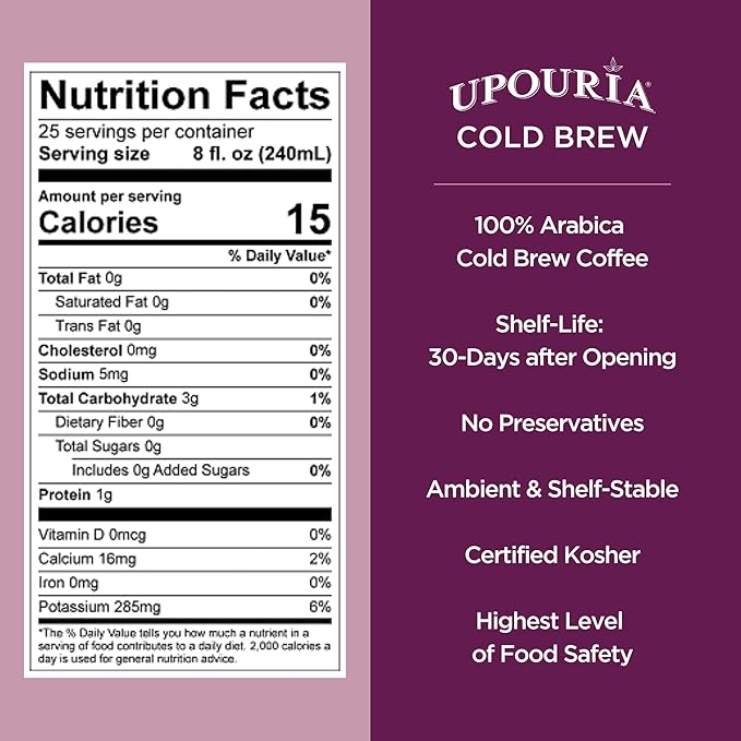 Upouria Cold Brew Coffee on Tap | Ready to Drink Cold Brewed Coffee | Cold Brew Coffee Drink Extracted from Premium Coffee Beans | Made from 100% Arabica Cold Brew Extract | Black & Bold | 128 fl oz
