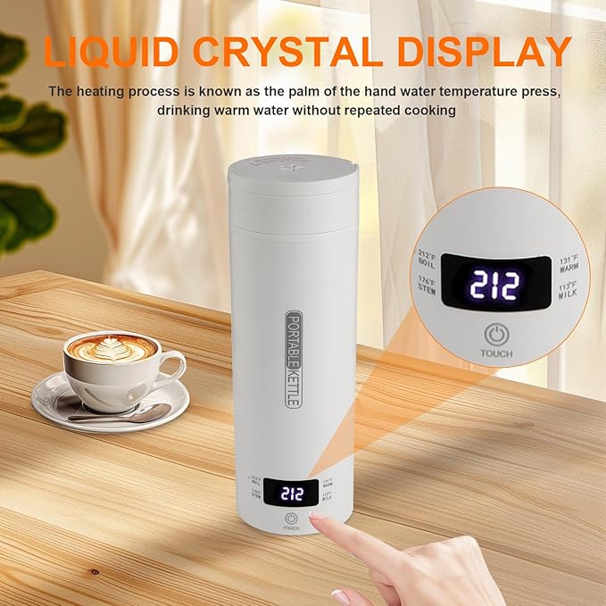 Travel Tea Kettle（110V）, Portable Electric Kettle, 316 Stainless Steel Premium Liner, 4-speed Temperature Adjustment with Auto Shut-off and Boil-Off Protection,White.