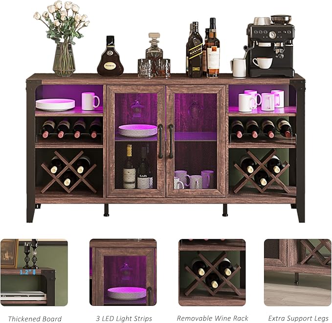Vabches 58" Wine Bar with Wine Rack Storage,Alcohol Cabinet with LED Strip, Liquor Cabinet Bar for Home Dining Room, Sideboard Buffet with Storage