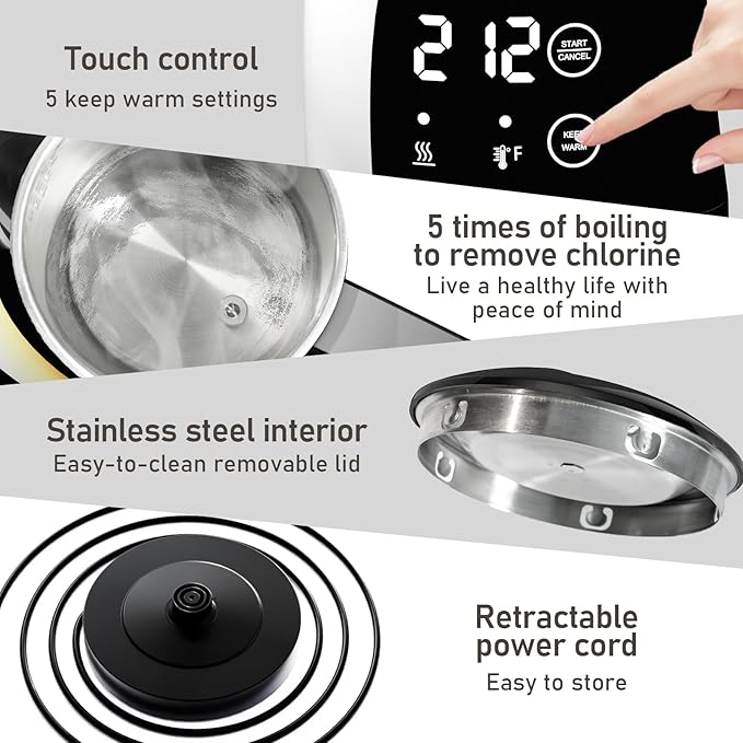 Electric Kettle Temperature Control, 5 Temp Presets, 2H Keep Warm, Double Wall Stainless Steel, 1.25L Cool-Touch Design with Auto Shut-Off, Cordless Water Boiler Heater, 360° Rotating Base, (Black)