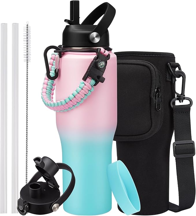 Insulated Water Bottle 32OZ That Fits in Cup Holder - Stainless Steel Water Bottle with Straw & Spout Lids, Paracord Handle, Carrying Case with Strap, Double Wall Vacuum Thermo Coffee Mug
