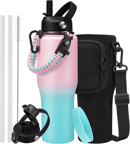 Insulated Water Bottle 32OZ That Fits in Cup Holder - Stainless Steel Water Bottle with Straw & Spout Lids, Paracord Handle, Carrying Case with Strap, Double Wall Vacuum Thermo Coffee Mug