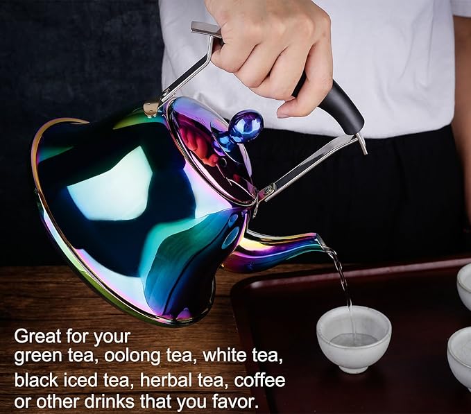 Whistling Tea Kettle Stainless Steel Stovetop Teakettle with Infuser Sturdy Teapot for Tea Coffee Fast Boiling Color Rainbow Mirror Finish 2 Liter / 2 Quart