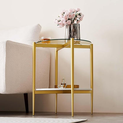 Round Glass End Table, Mid-Century Modern Design Sofa Table for Living Room, D18 x H23 in, 2-Tier Structure, Clear Glass Top and White Marble Shelf, Sleek Conical Legs with Gold Finish Frame