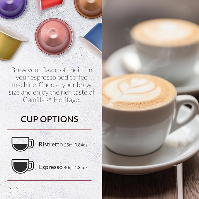 Camilla’s Heritage - Intensity 8 Flavored Espresso Coffee Variety Pack (Caribbean Spice, Cinnamon, Hazelnut, Chocolate, Caramel & Vanilla Espresso Cups) 60 Coffee Pods
