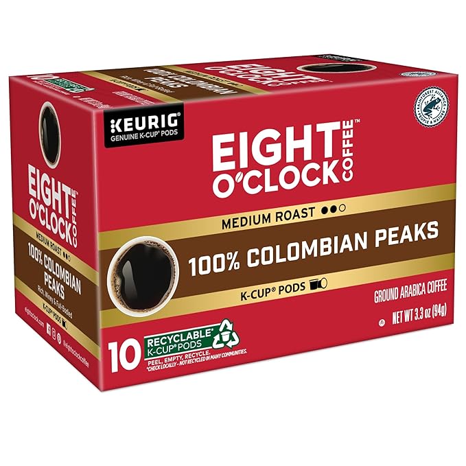 Eight O'Clock Coffee Colombian Peaks, Keurig Single Serve K-Cup Pods, Medium Roast, 60 Count (6 pack of 10)