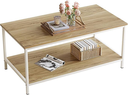 SAYGOER Coffee Table with Storage 2-Tier Industrial Center Table for Living Room, Rectangle Wood Table for Small Spaces Apartment Home Office, Oak White