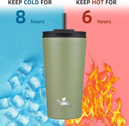 18 OZ Insulated Tumbler with Lid and 2 Straws Stainless Steel Water Bottle Vacuum Travel Mug Coffee Cup,ArmyGreen