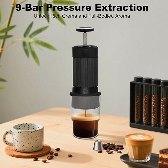 LANTE 3 in 1 9 Bar Coffee Maker Combines French Press Espresso Extraction Portable Coffee Machine All-aluminum alloy body with double-layer 304 filtration Suitable for Home Camping Travel