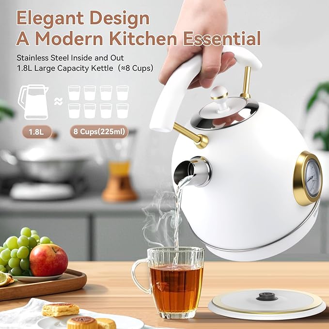 Rasonic Classic Retro Electric Kettle, 1.8L Stainless Steel, 1500W Fast Quiet Boiling, Temperature Gauge, LED Light, Auto Shut-Off, Home & Office Use - White and Champagne Gold