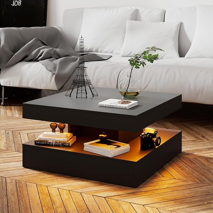Black LED Coffee Table for Living Room, Living Room Table 2-Tier Square Middle Center Table, Modern Coffee Tables with Storage, Wood Tea Tables for Dining Reception, Skin Feeling