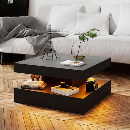 Black LED Coffee Table for Living Room, Living Room Table 2-Tier Square Middle Center Table, Modern Coffee Tables with Storage, Wood Tea Tables for Dining Reception, Skin Feeling