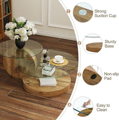 42 Inch Glass Coffee Table，Round Coffee Table with 2-Tier Tempered Glass Tabletop，Easy to Clean Circle Coffee Table with Sturdy Base for Living Room，Office （Brown Colored Base）