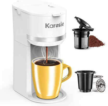 Single Serve Coffee Maker for K-Cup and Ground Coffee, Fast Brew, 6-12 oz Brew Sizes One Cup Coffee Machine Fits 5.5" Mugs, One-Button Small Coffee Maker with Descaling Reminder,White