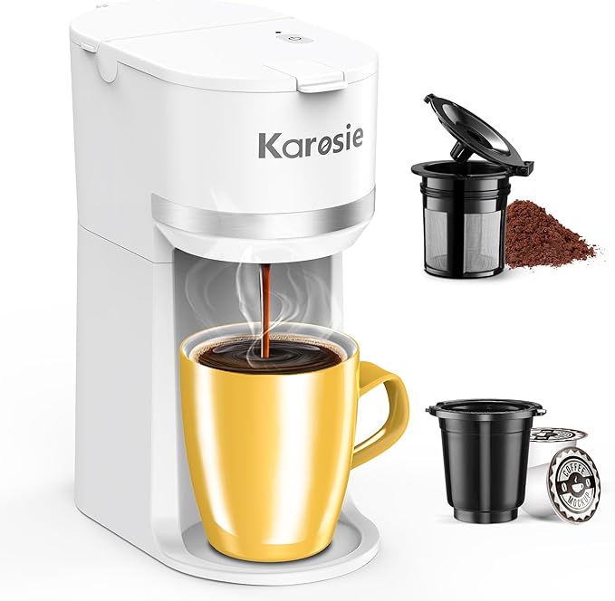 Single Serve Coffee Maker for K-Cup and Ground Coffee, Fast Brew, 6-12 oz Brew Sizes One Cup Coffee Machine Fits 5.5" Mugs, One-Button Small Coffee Maker with Descaling Reminder,White