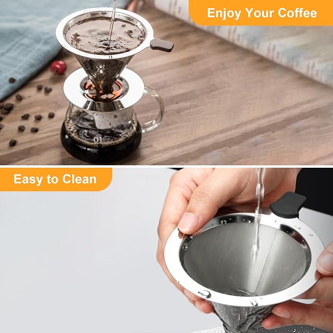 Pour Over Coffee Dripper Stainless Steel Reusable Filter Paperless Cone Coffee Maker Dripper for 1-2 Cup