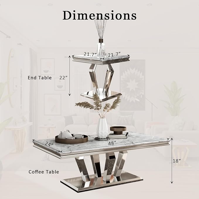 2 Piece Living Room Table Set, Luxury Coffee Table Set with Gray Top & Silver Diamond-Shaped Stainless Steel Frame, 1 Coffee Table + 1 End Table for Home Office