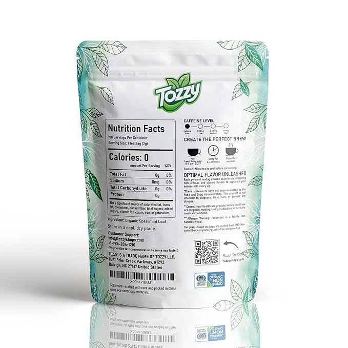 Tozzy Organic Spearmint Tea - 100 Count | Pyramid Tea Bags (Plant-Based & Eco-conscious) | Pure Ingredients