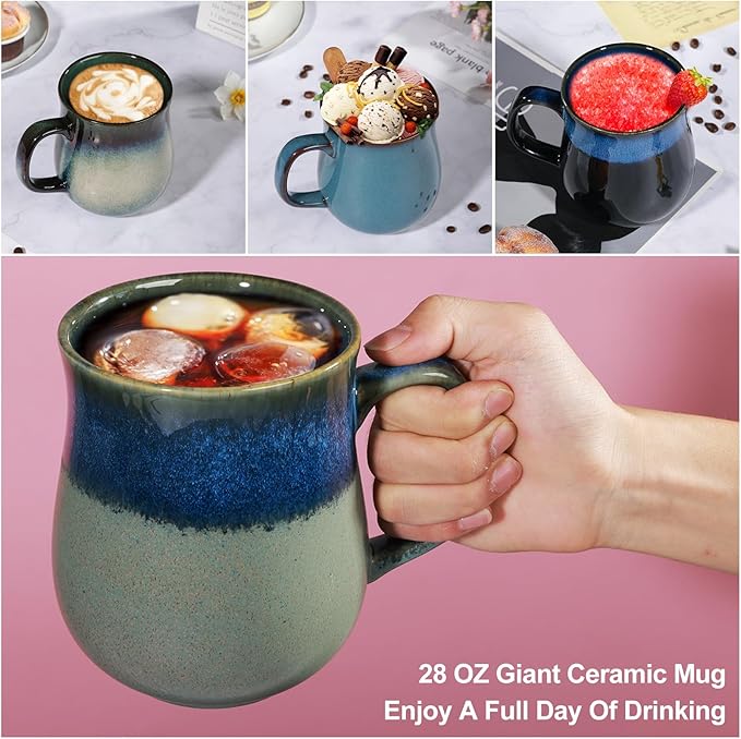 28 Oz Extra Large Ceramic Coffee Mug with Big Handle, Handmade Glazed Oversized Tea Cup for Office and Home, Microwave and Dishwasher Safe, Jumbo Coffee Mugs for Hot and Cold Drinking (Starry Blue)