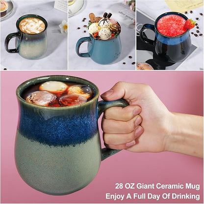 28 Oz Extra Large Ceramic Coffee Mug with Big Handle, Handmade Glazed Oversized Tea Cup for Office and Home, Microwave and Dishwasher Safe, Jumbo Coffee Mugs for Hot and Cold Drinking (Starry Blue)