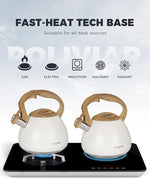 Load image into Gallery viewer, POLIVIAR Tea Kettle, 2.7 Quart White Finish with Wood Pattern Handle Loud Whistle Food Grade Stainless Steel Teapot, Anti-Hot Handle and Anti-Rust, Suitable for All Heat Sources JX2025-BW30