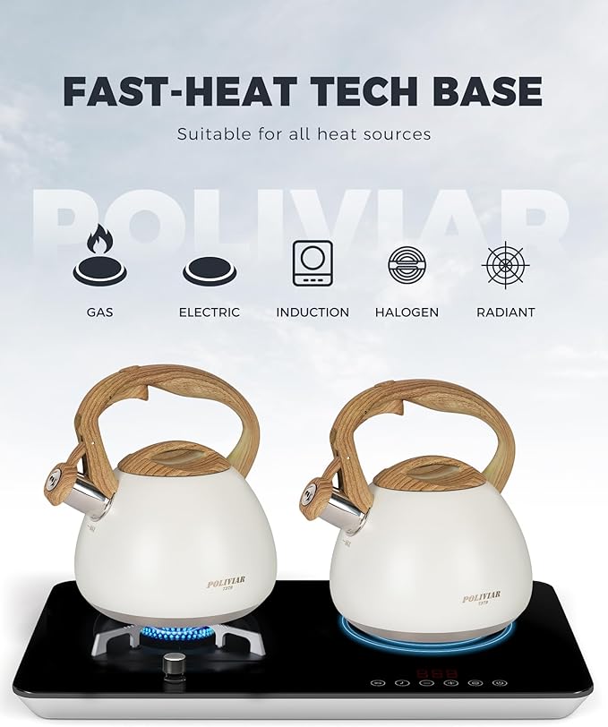 POLIVIAR Tea Kettle, 2.7 Quart White Finish with Wood Pattern Handle Loud Whistle Food Grade Stainless Steel Teapot, Anti-Hot Handle and Anti-Rust, Suitable for All Heat Sources JX2025-BW30