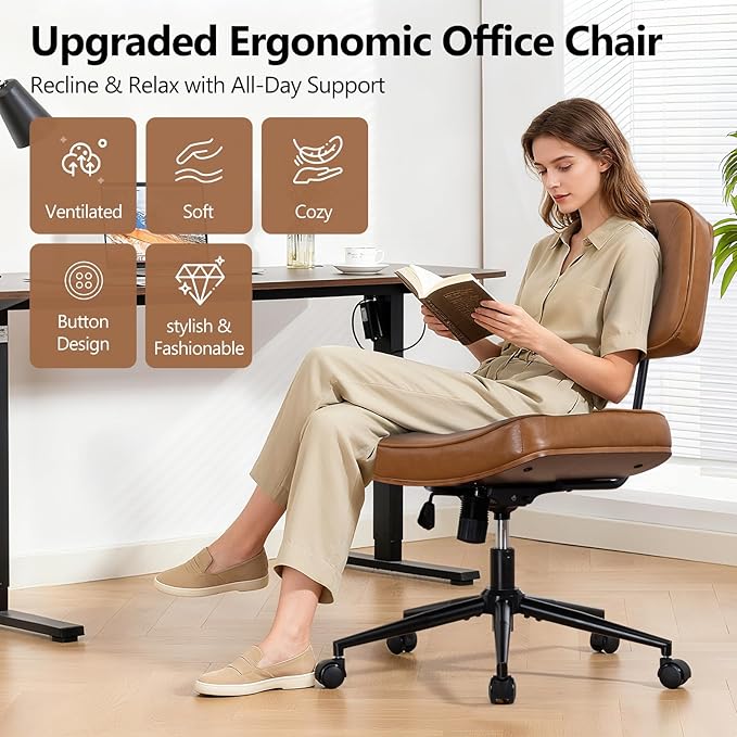 Armless Office Chair with Wheels, Adjustable Height Desk Chair Leather Swivel Computer Chair, Modern Walnut Office Side Chair for Meeting Room Office, Brown